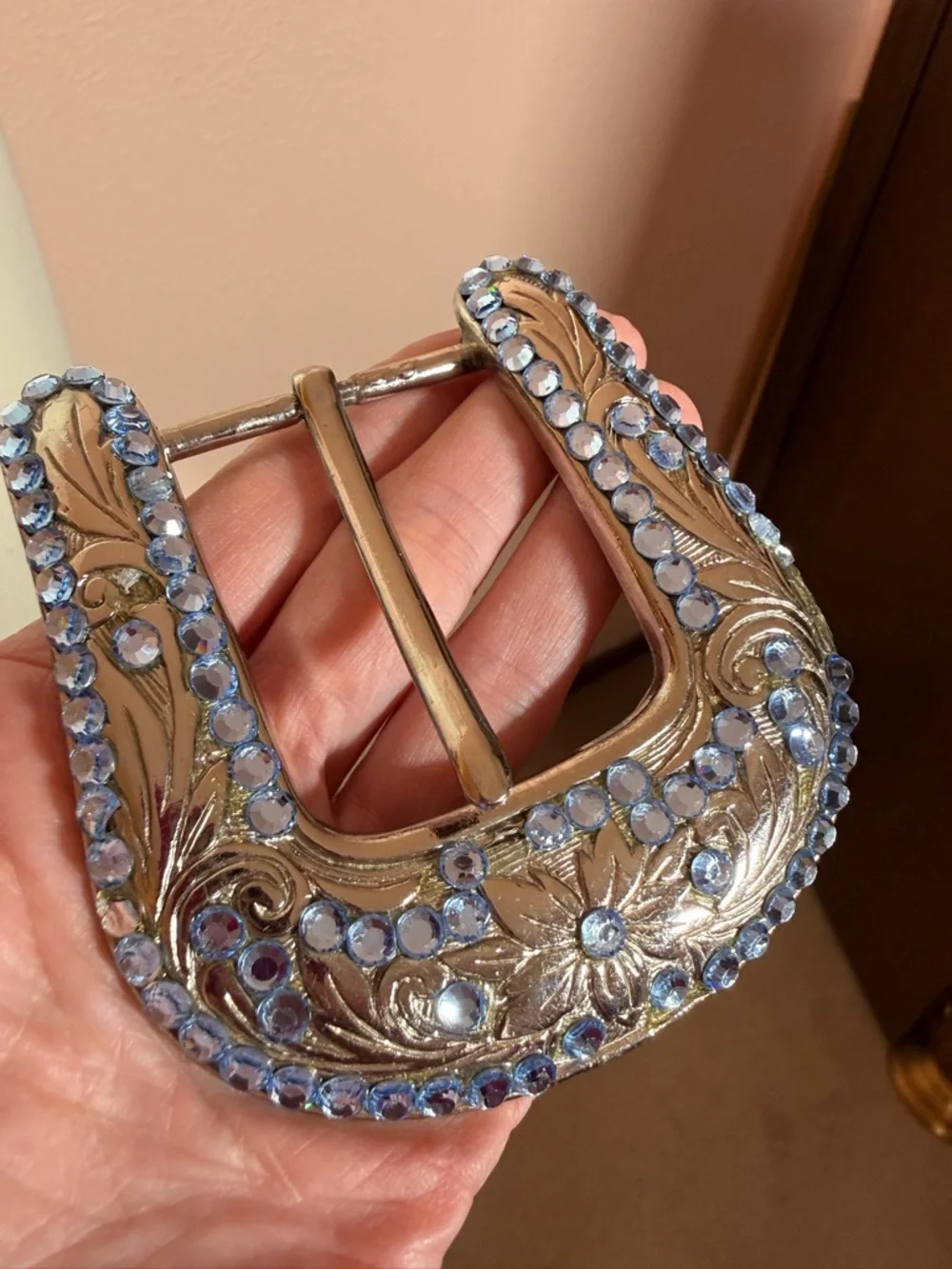B.B. Simon Blue crystal Etched Silver Metal Oversized Western Belt Buckle